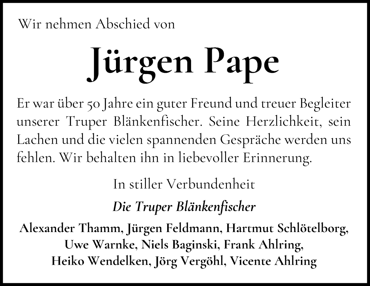 Traueranzeige von Jürgen Pape von Wuemme Zeitung