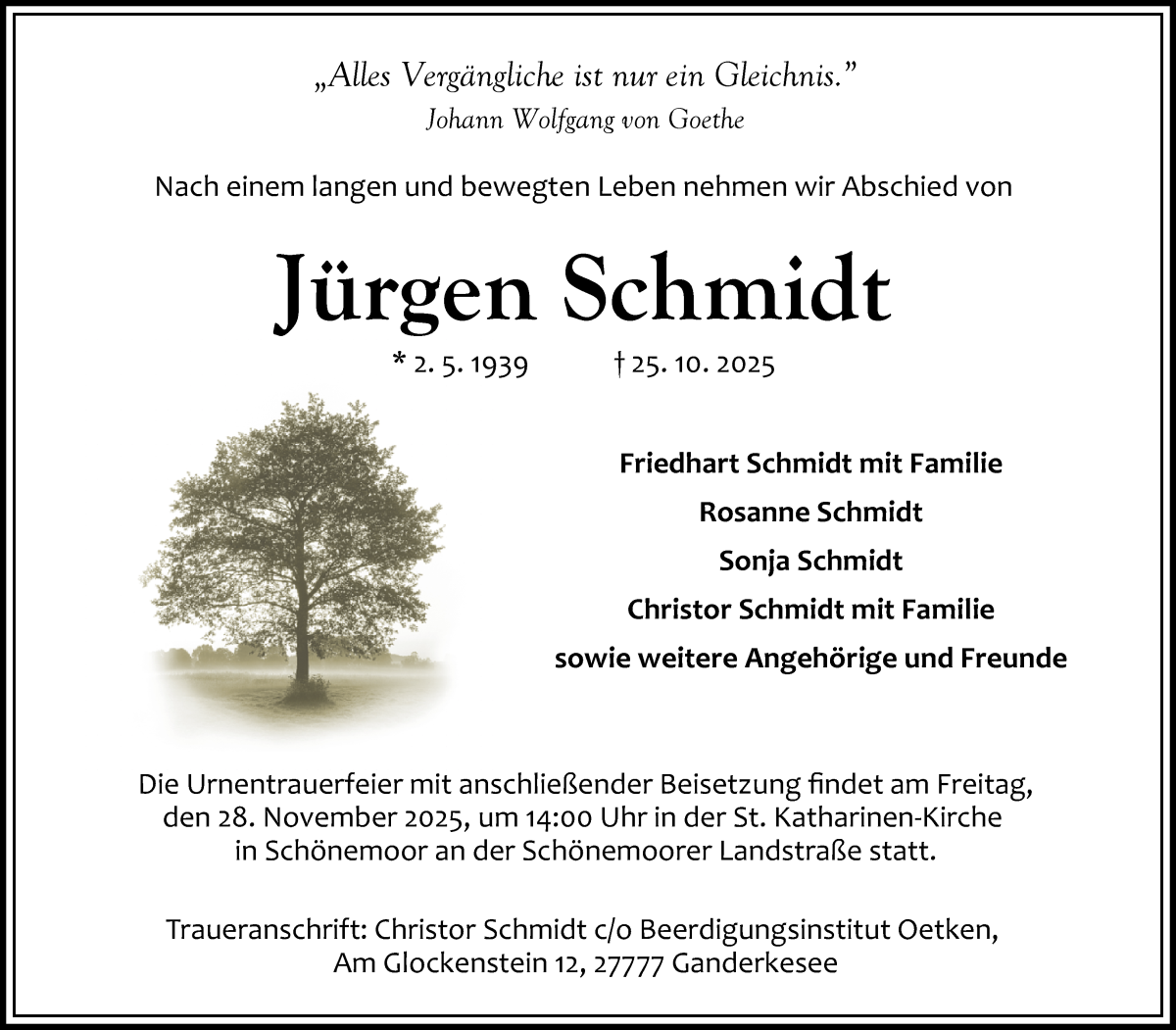 Traueranzeige von Jürgen Schmidt von Delmenhorster Kurier