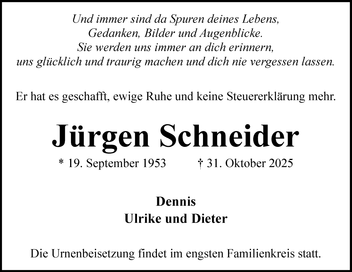 Traueranzeige von Jürgen Schneider von WESER-KURIER