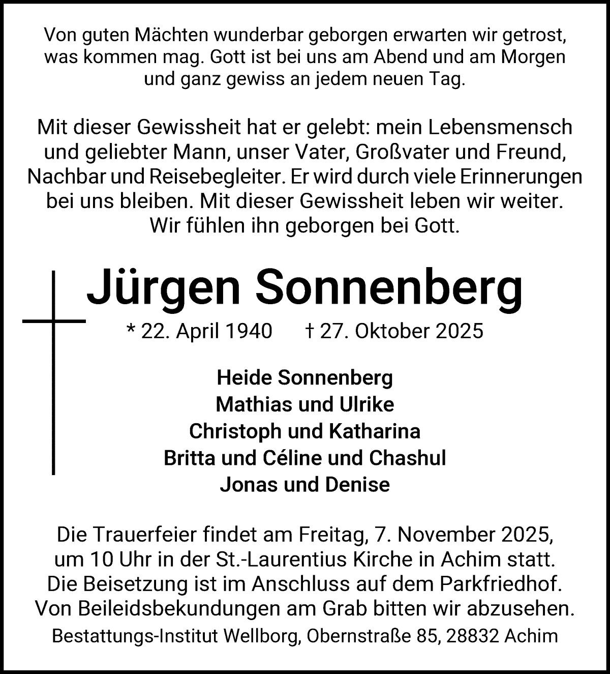 Traueranzeige von Jürgen Sonnenberg von WESER-KURIER