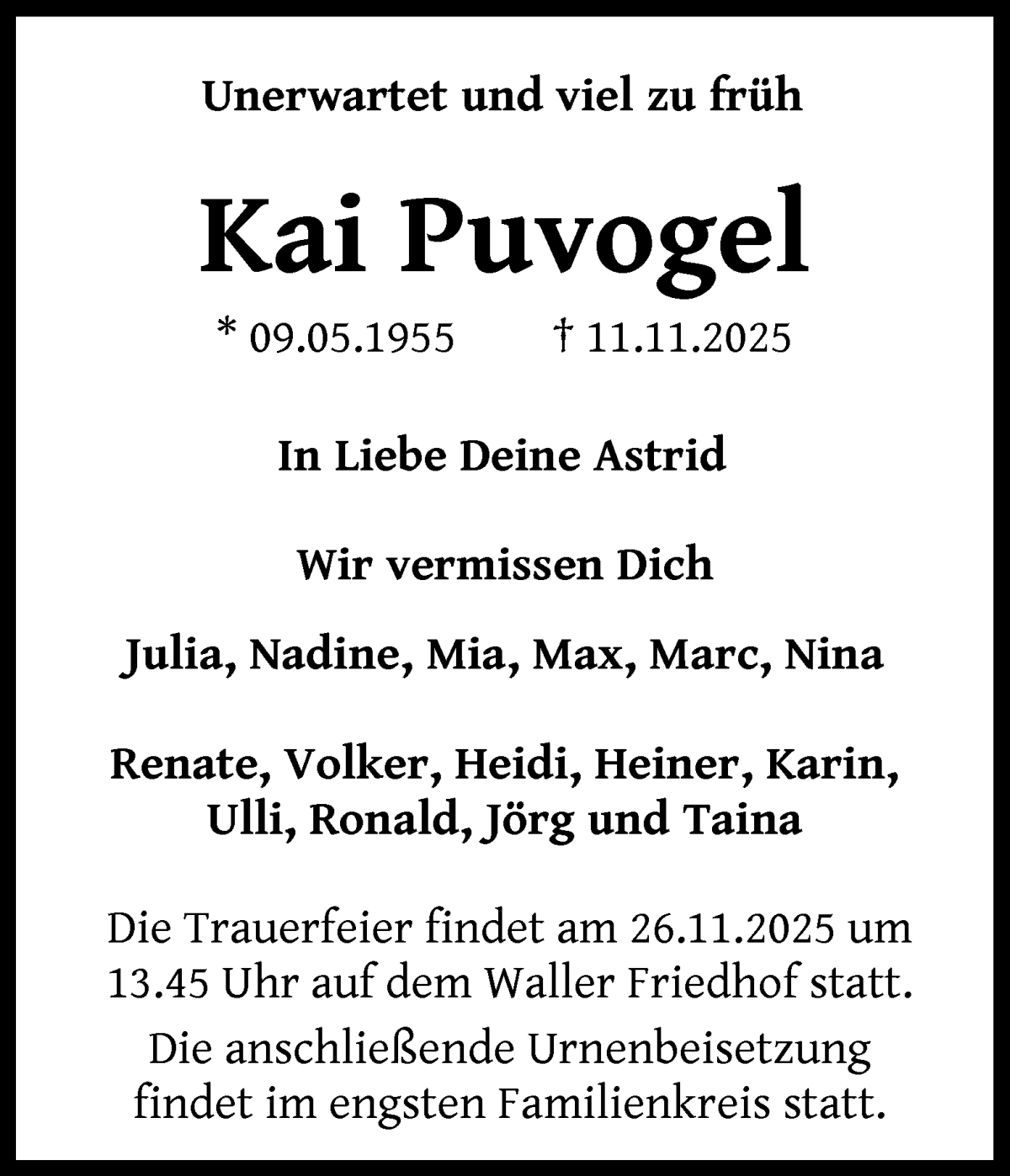 Traueranzeige von Kai Puvogel von WESER-KURIER