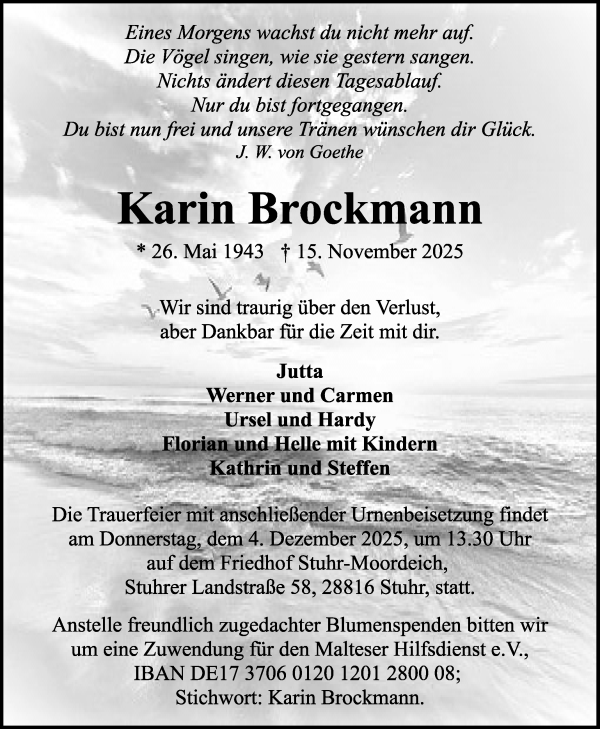 Traueranzeige von Karin Brockmann von WESER-KURIER