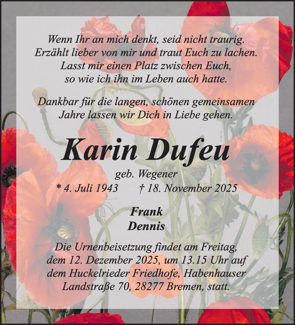 Traueranzeige von Karin Dufeu von WESER-KURIER