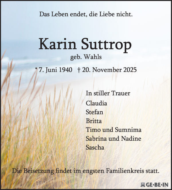 Traueranzeige von Karin Suttrop von WESER-KURIER