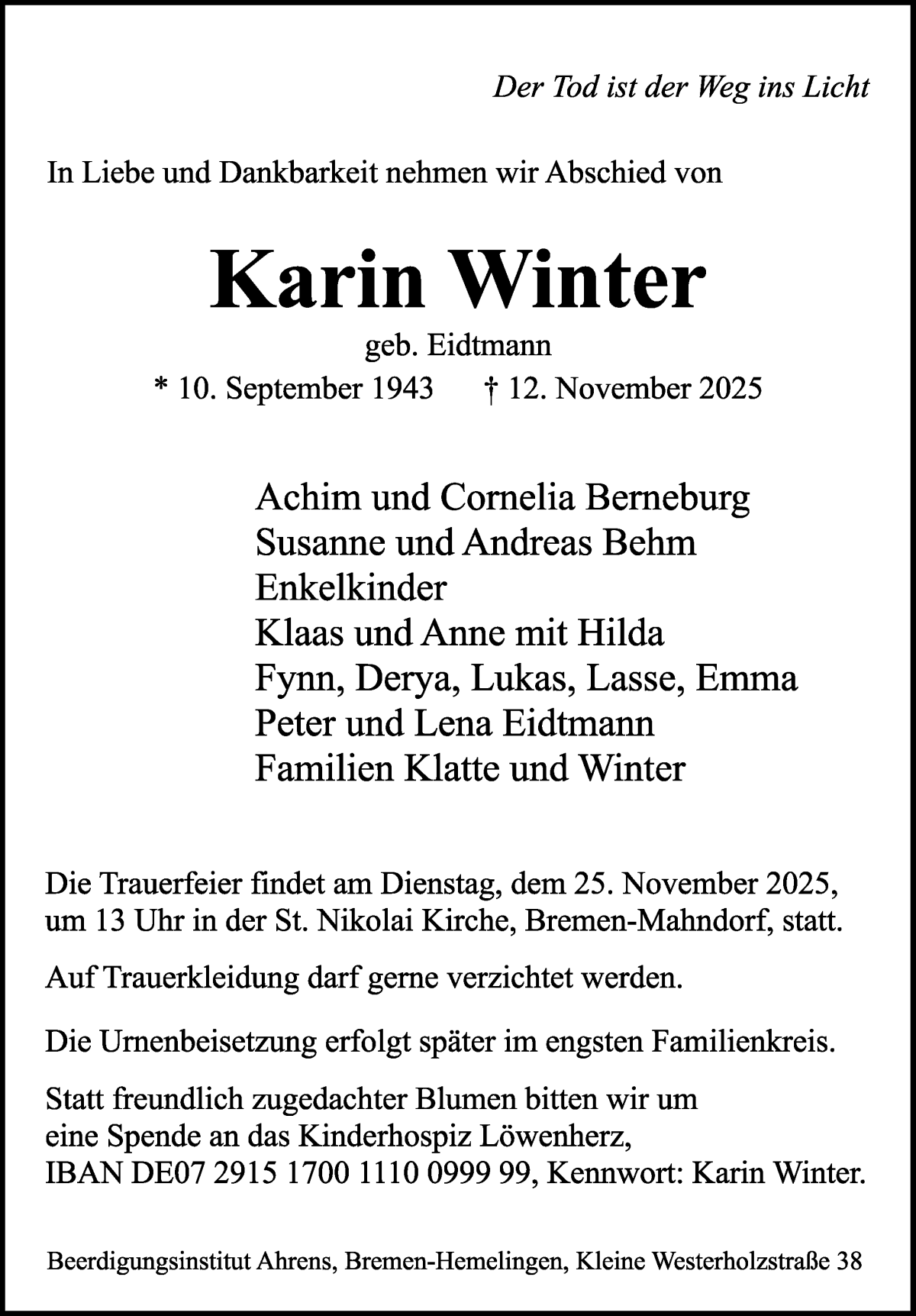 Traueranzeige von Karin Winter von WESER-KURIER