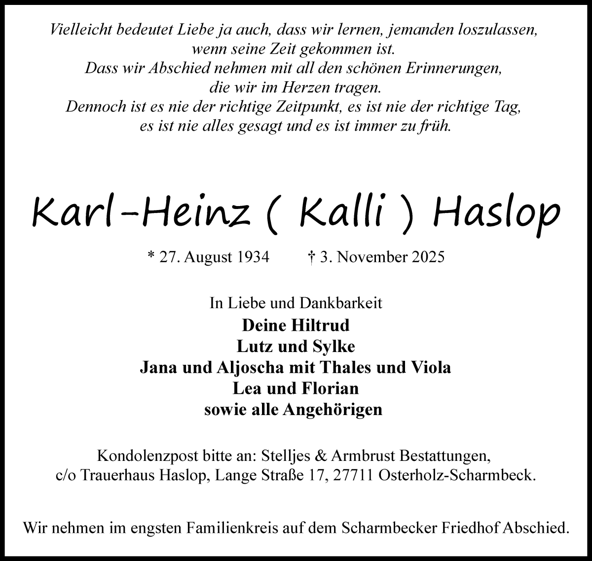 Traueranzeige von Karl-Heinz Haslop von Osterholzer Kreisblatt