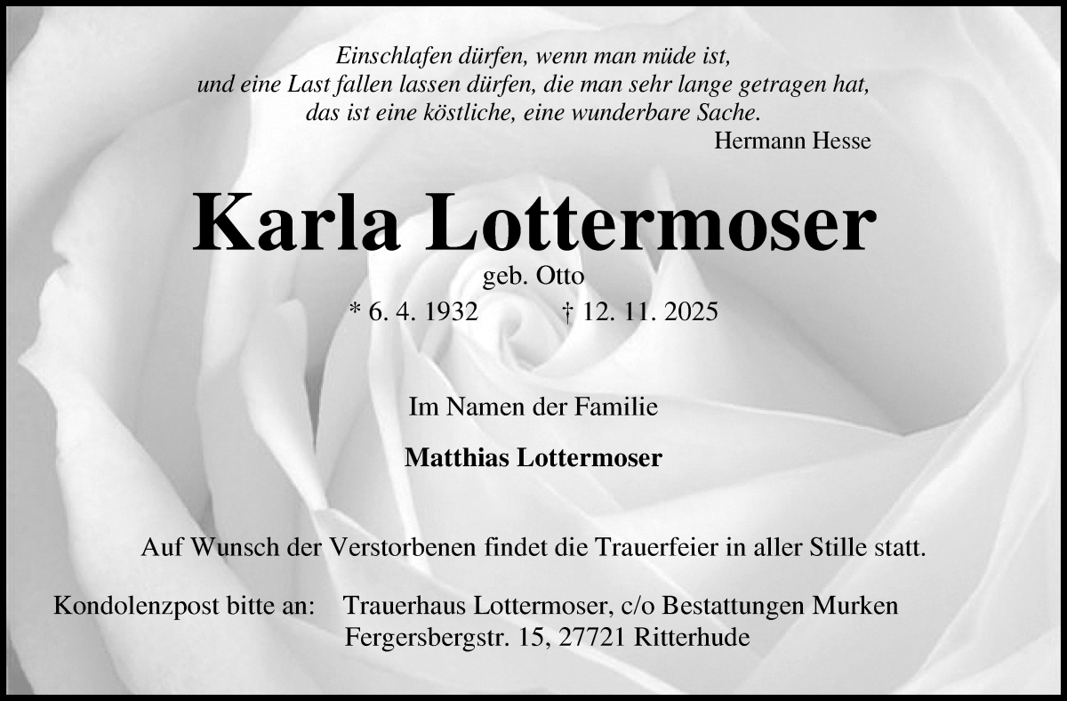 Traueranzeige von Karla Lottermoser von Osterholzer Kreisblatt