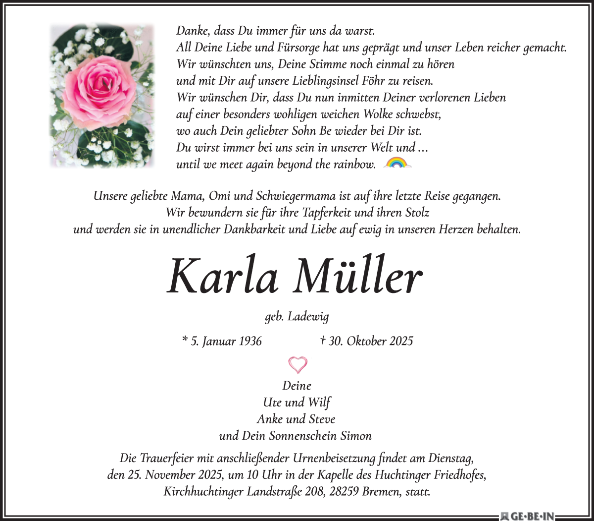  Traueranzeige für Karla Müller vom 15.11.2025 aus WESER-KURIER