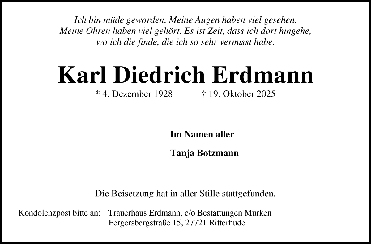 Traueranzeige von Karl Diedrich Erdmann von WESER-KURIER