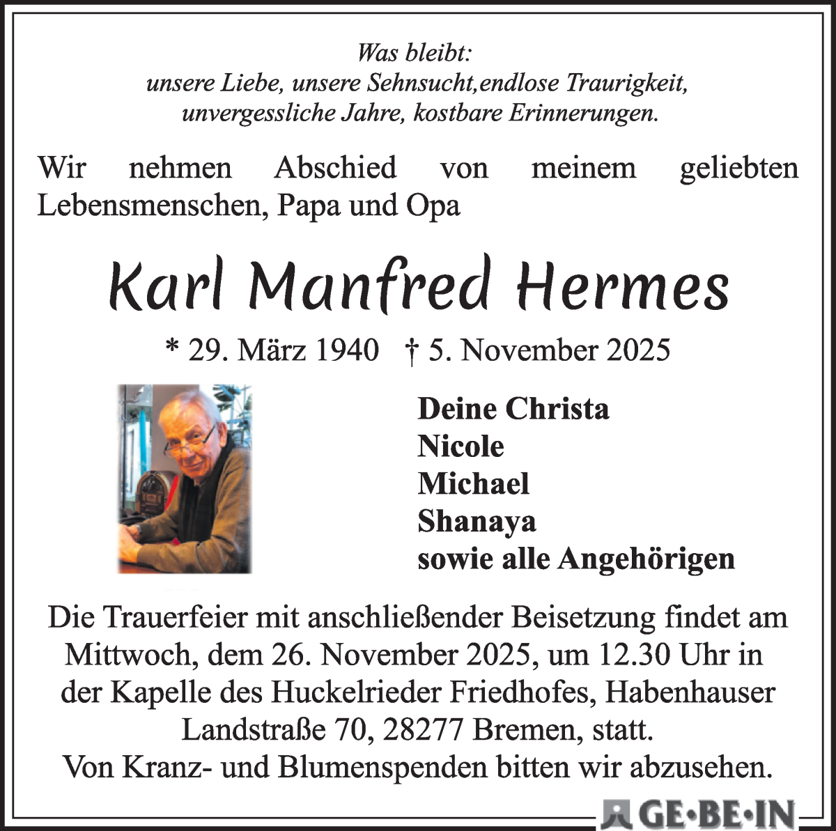 Traueranzeige von Karl Manfred Hermes von WESER-KURIER