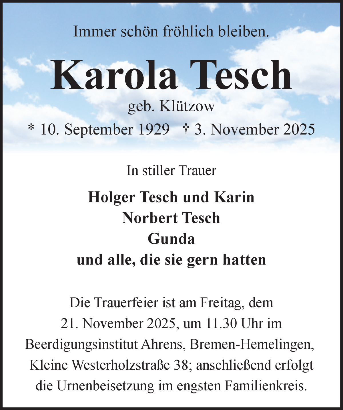 Traueranzeige von Karola Tesch von WESER-KURIER