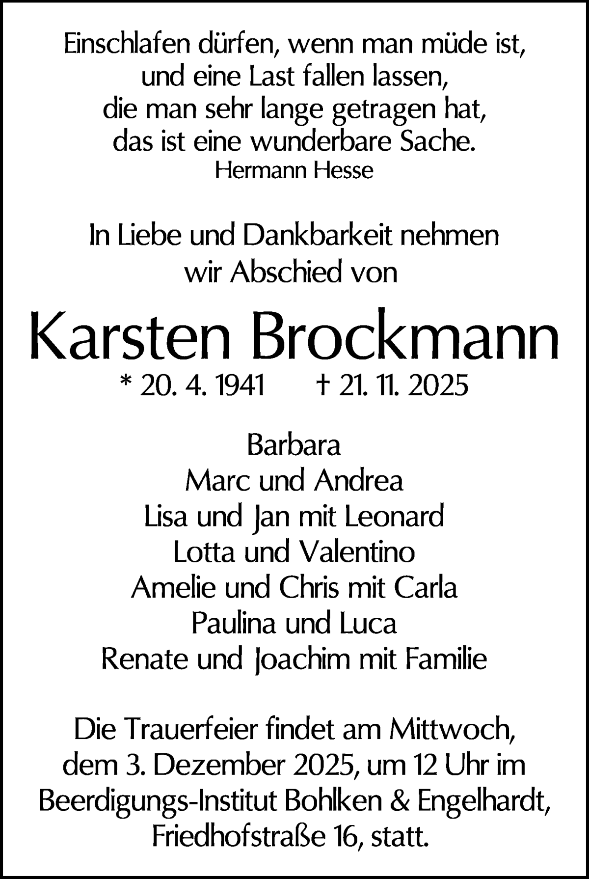 Traueranzeige von Karsten Brockmann von WESER-KURIER