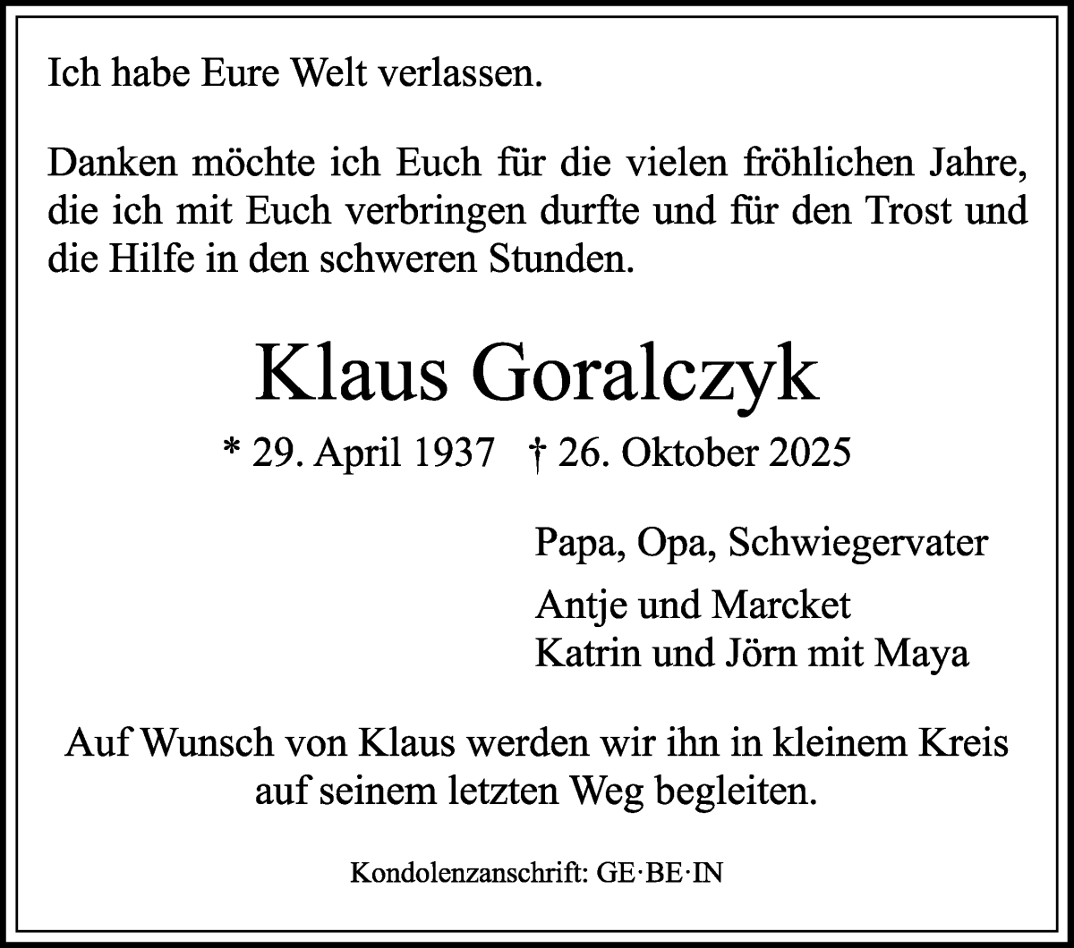 Traueranzeige von Klaus Goralczyk von WESER-KURIER