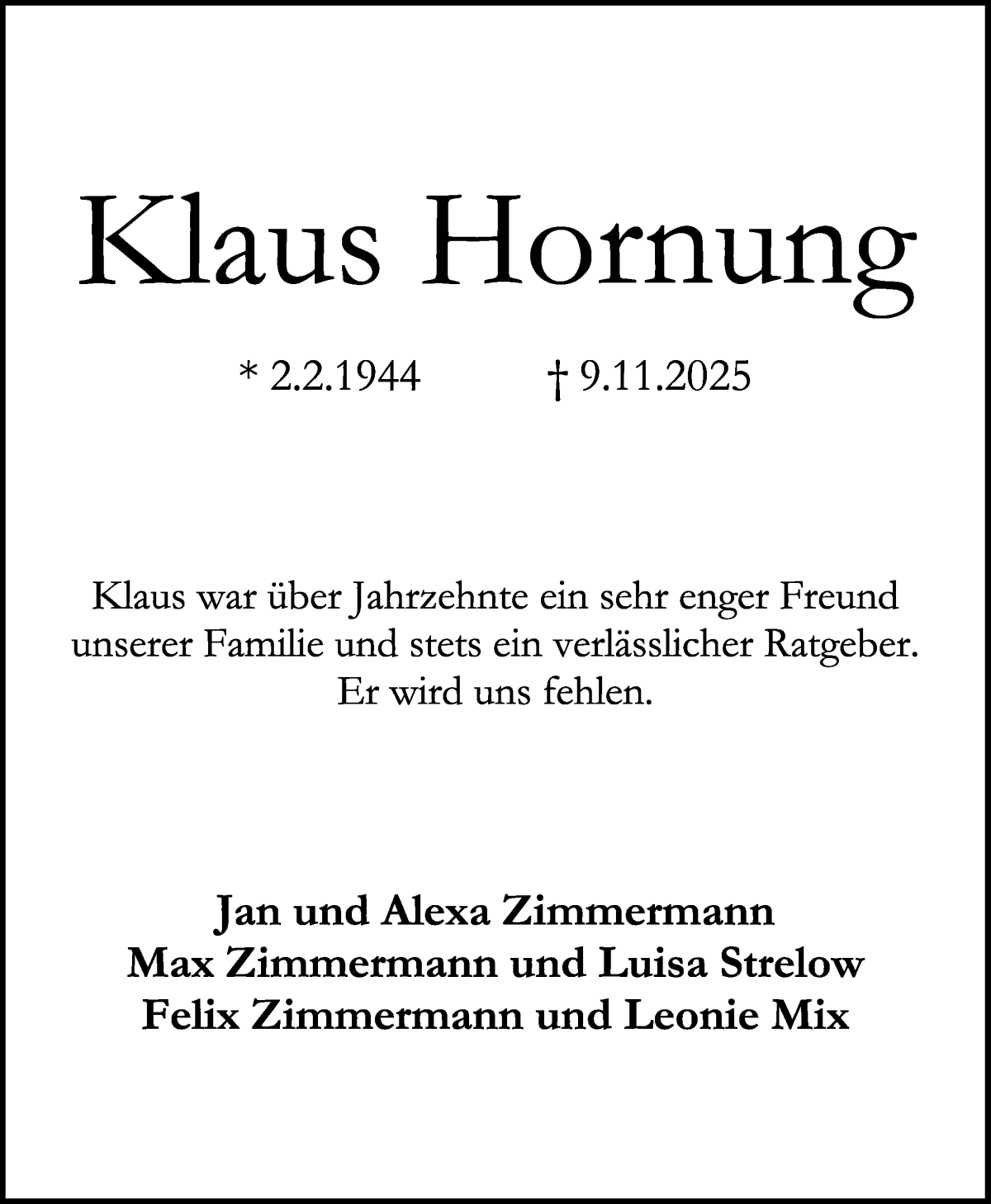 Traueranzeige von Klaus Hornung von WESER-KURIER