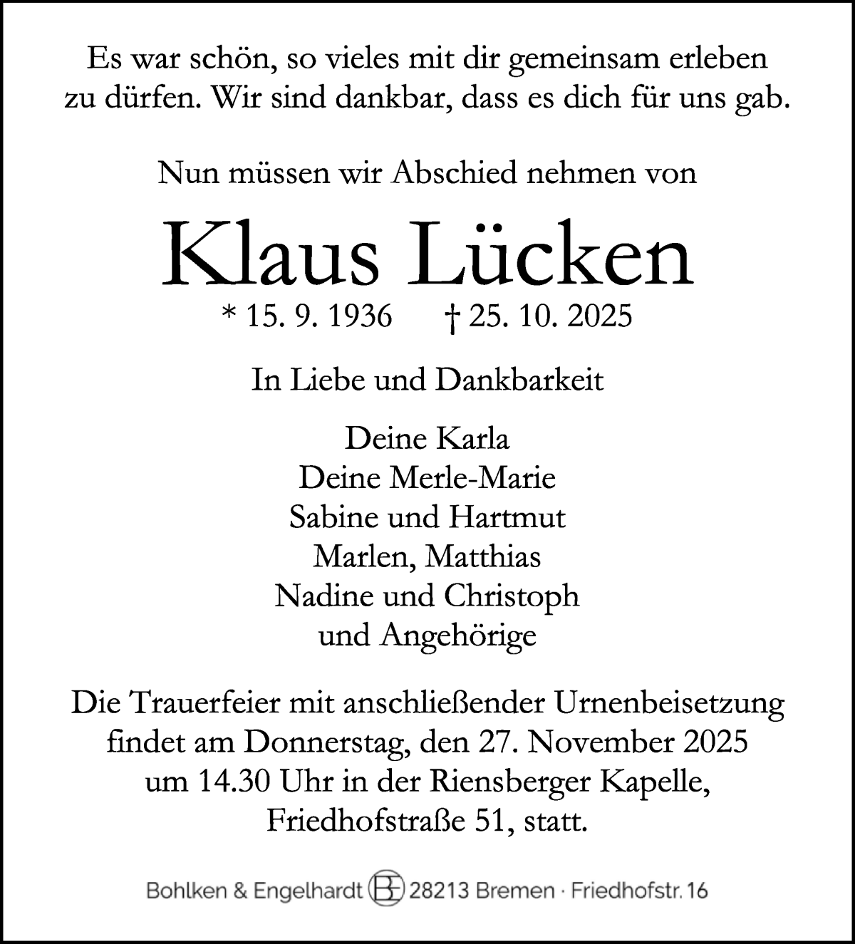 Traueranzeige von Klaus Lücken von WESER-KURIER