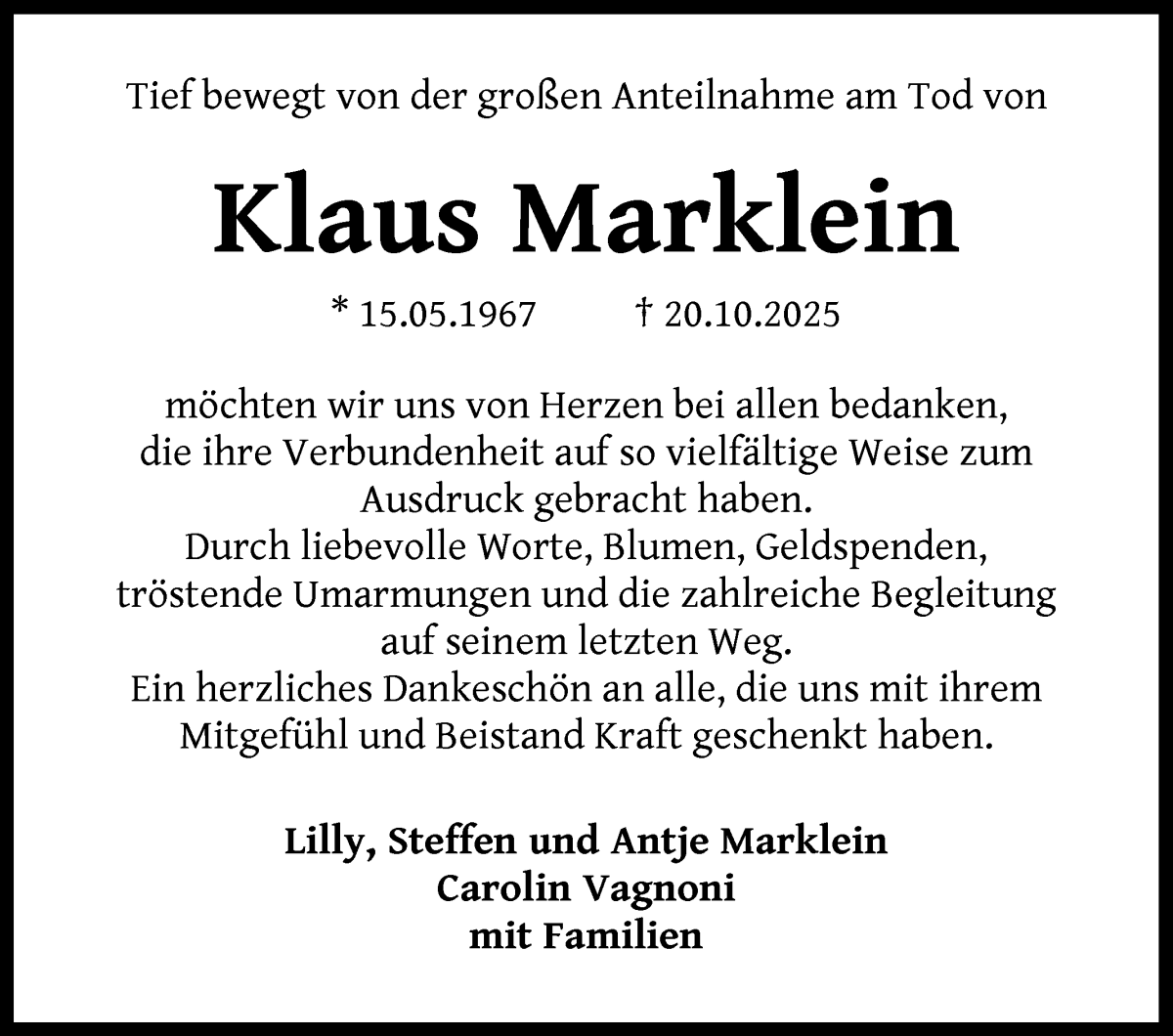 Traueranzeige von Klaus Marklein von Achimer Kurier/Verdener Nachrichten