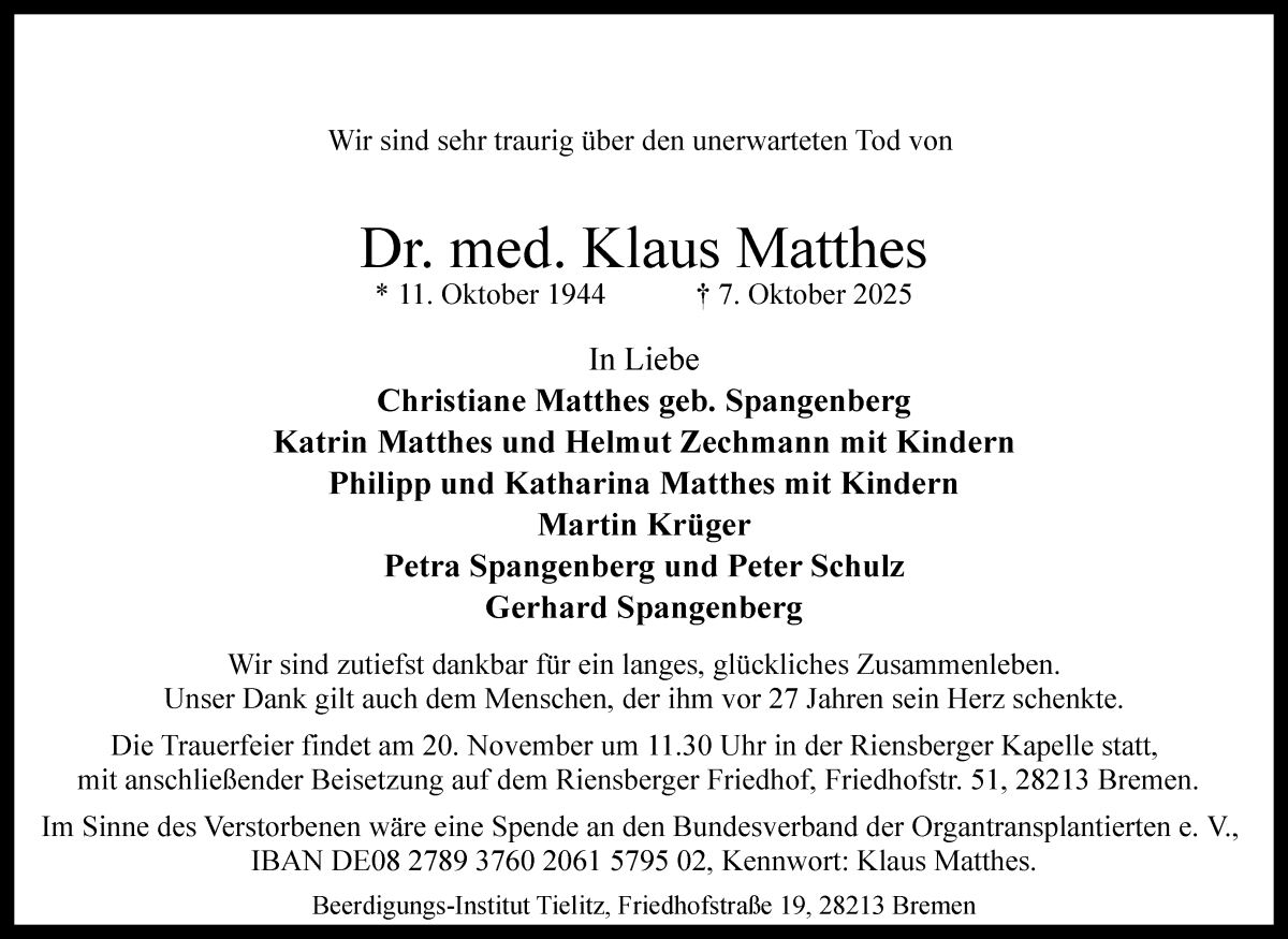 Traueranzeige von Klaus Matthes von WESER-KURIER