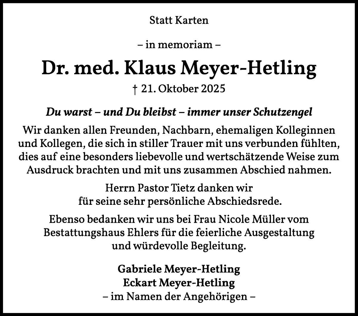 Traueranzeige von Klaus Meyer-Hetling von WESER-KURIER