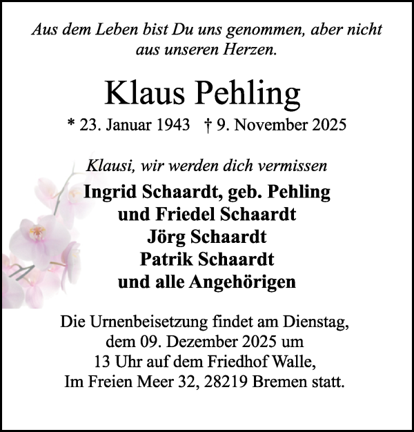 Traueranzeige von Klaus Pehling von WESER-KURIER