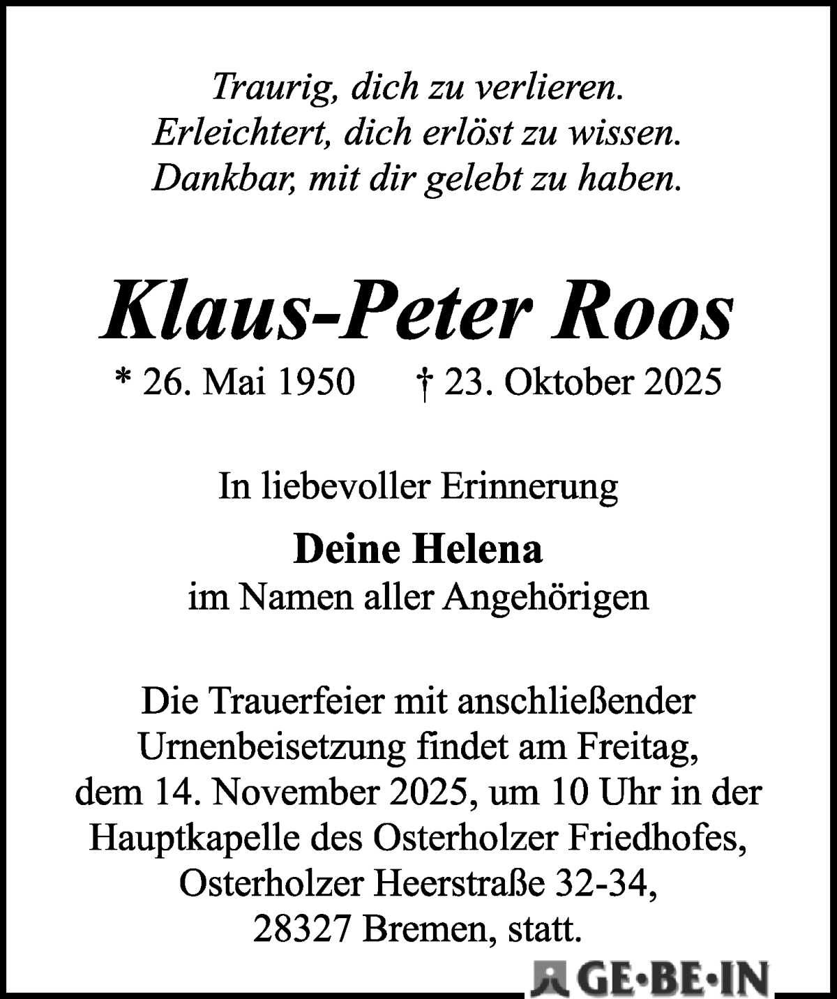 Traueranzeige von Klaus-Peter Roos von WESER-KURIER