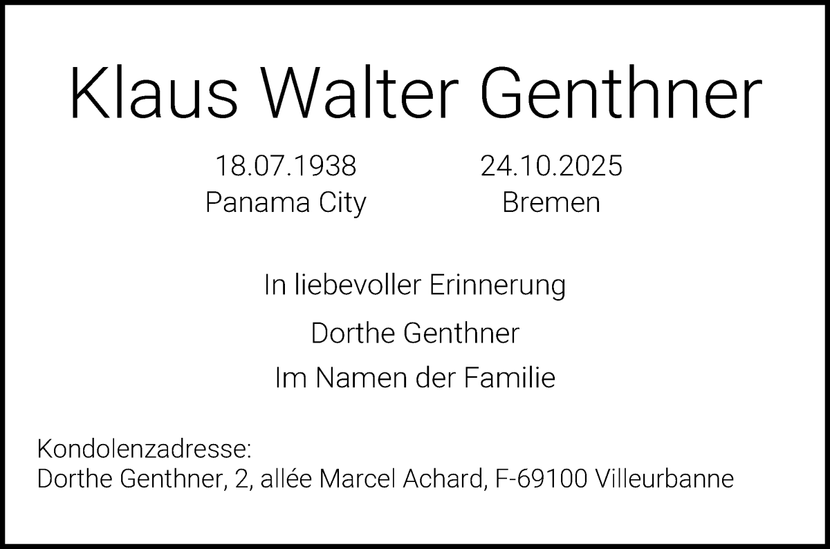 Traueranzeige von Klaus Walter Genthner von WESER-KURIER