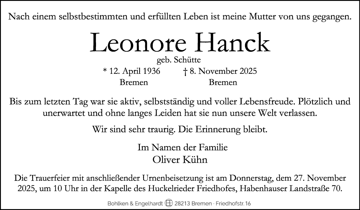 Traueranzeige von Leonore Hanck von WESER-KURIER