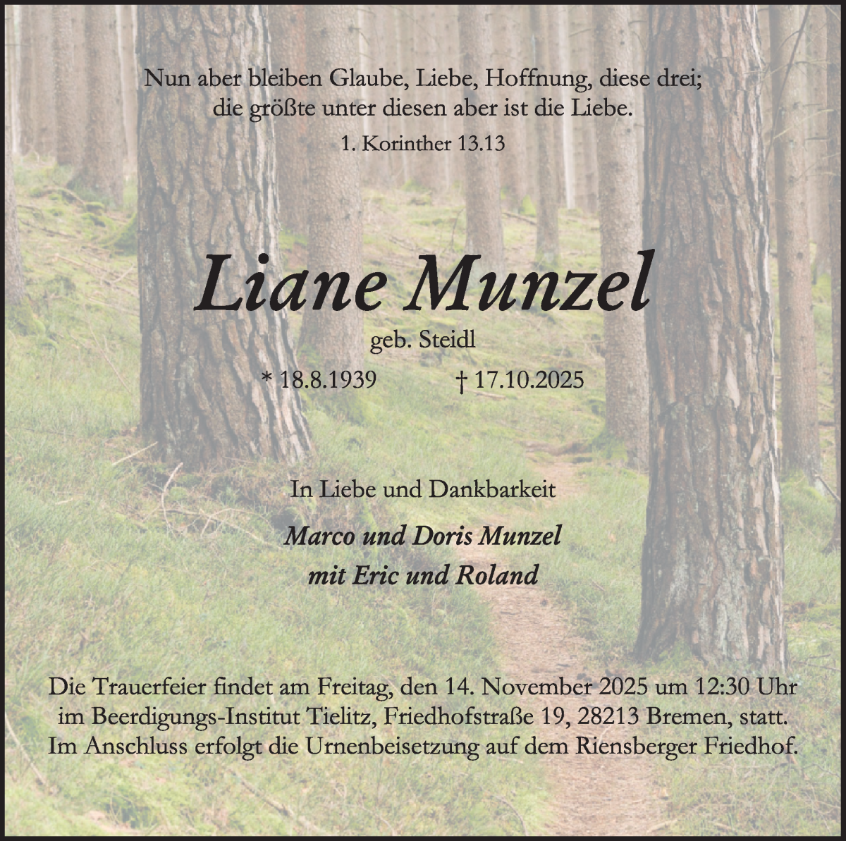 Traueranzeige von Liane Munzel von WESER-KURIER