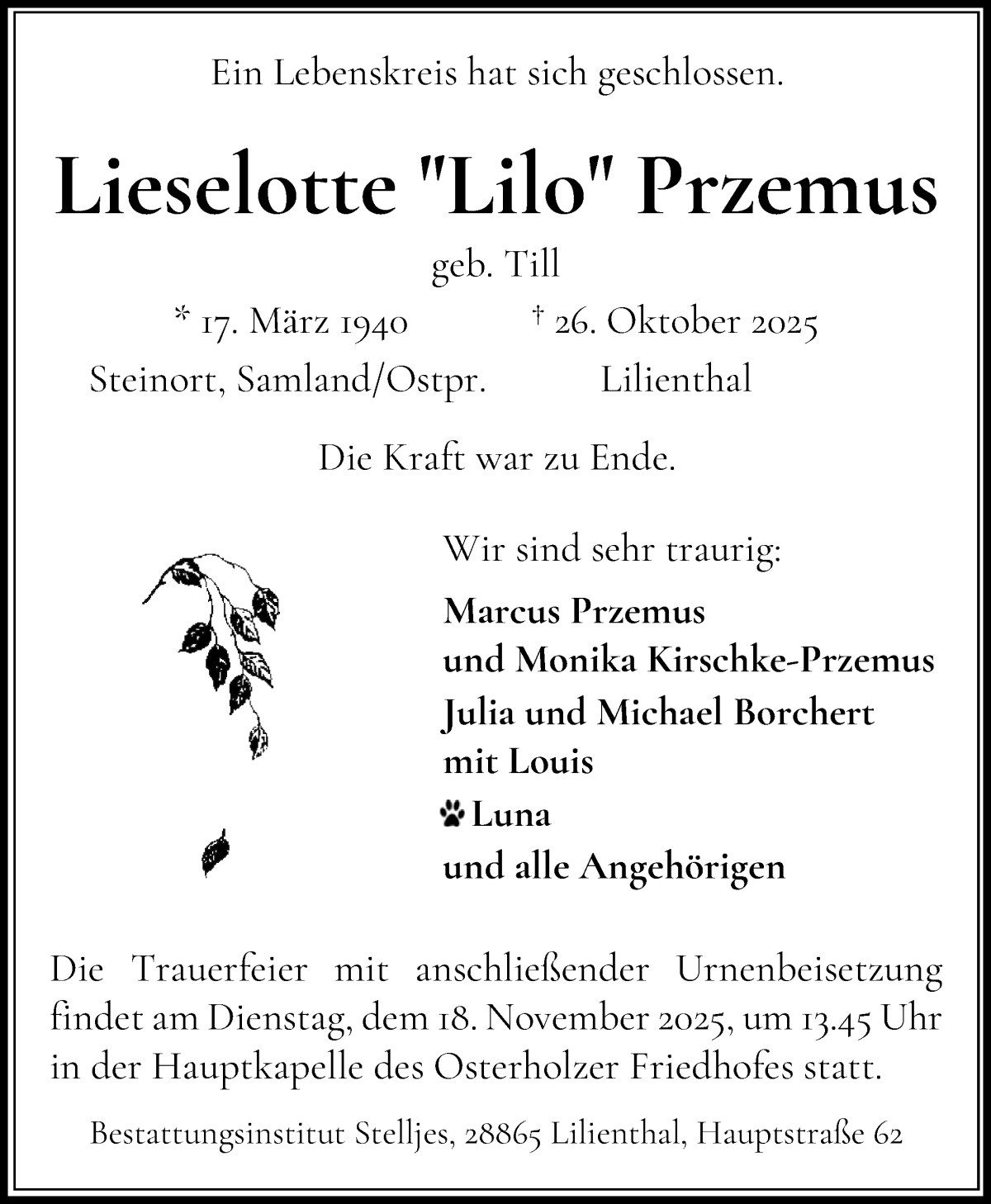 Traueranzeige von Lieselotte Przemus von WESER-KURIER