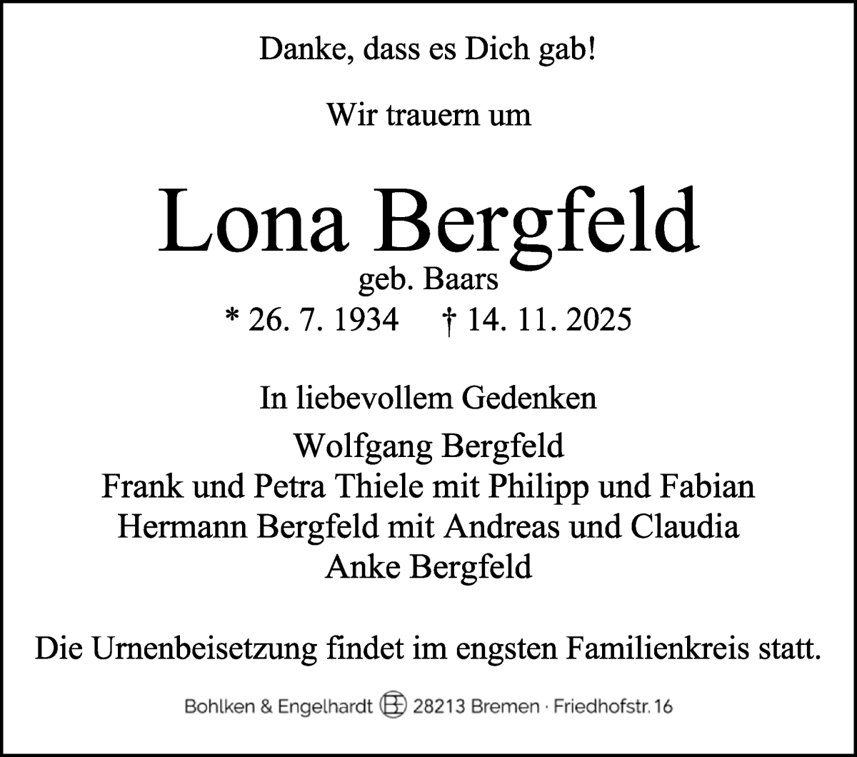 Traueranzeige von Lona Bergfeld von WESER-KURIER