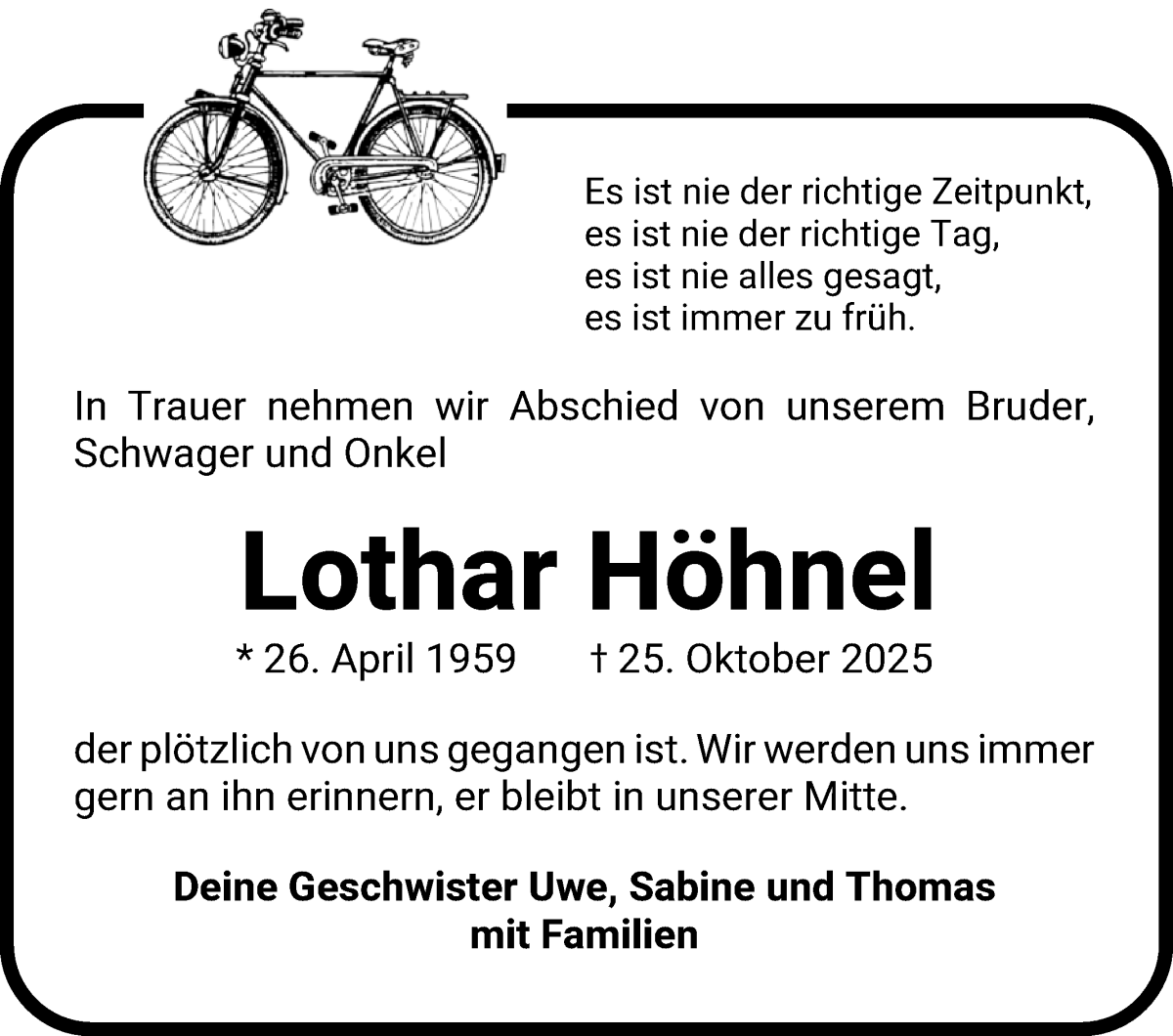 Traueranzeige von Lothar Höhnel von Wuemme Zeitung