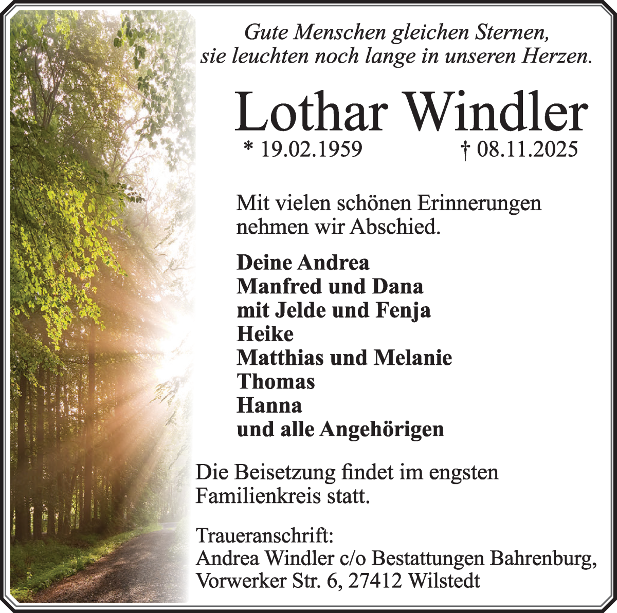 Traueranzeige von Lothar Windler von Wuemme Zeitung