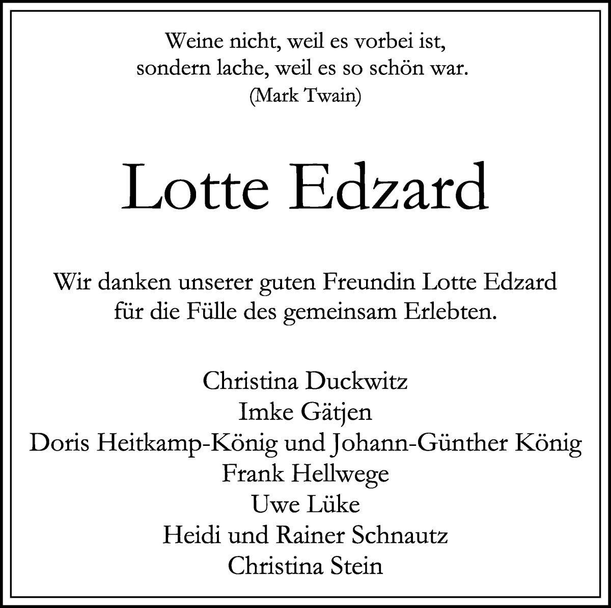 Traueranzeige von Lotte Edzard von WESER-KURIER