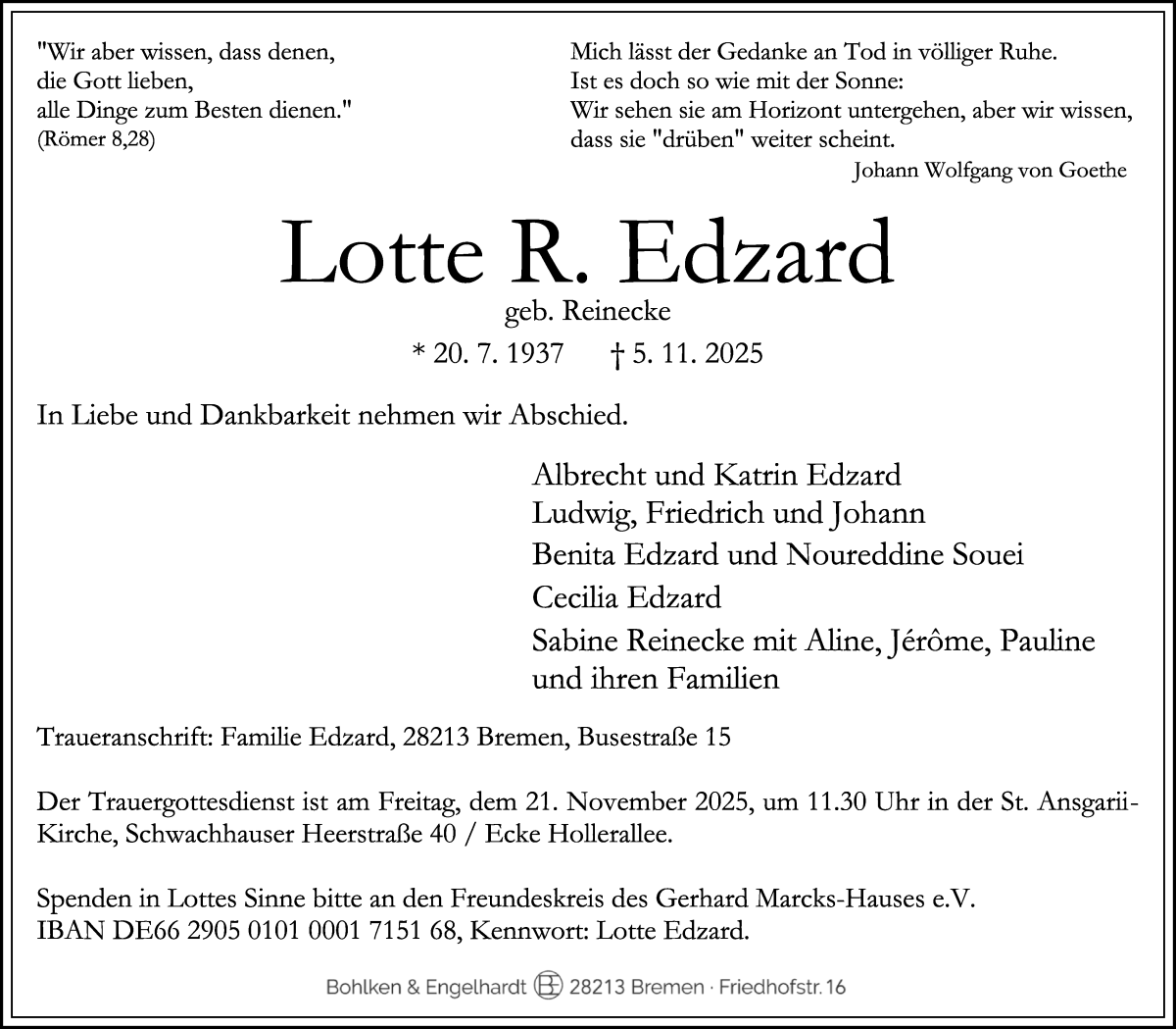 Traueranzeige von Lotte R. Edzard von WESER-KURIER