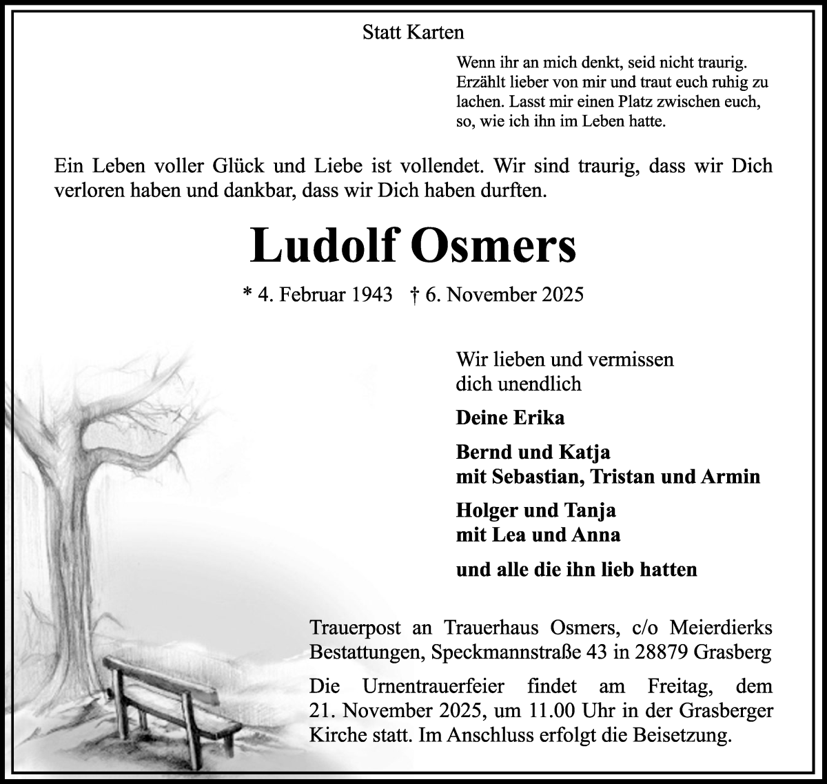 Traueranzeige von Ludolf Osmers von Wuemme Zeitung