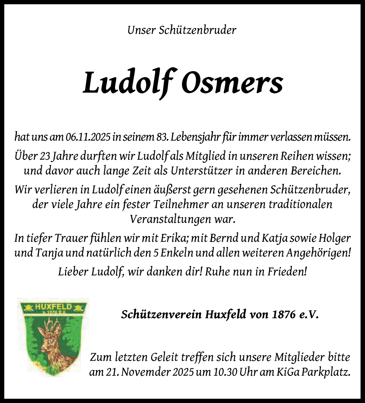 Traueranzeige von Ludolf Osmers von Wuemme Zeitung