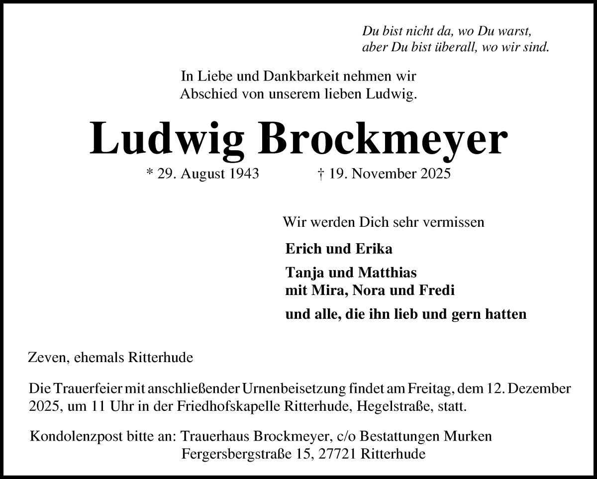 Traueranzeige von Ludwig Brockmeyer von Osterholzer Kreisblatt