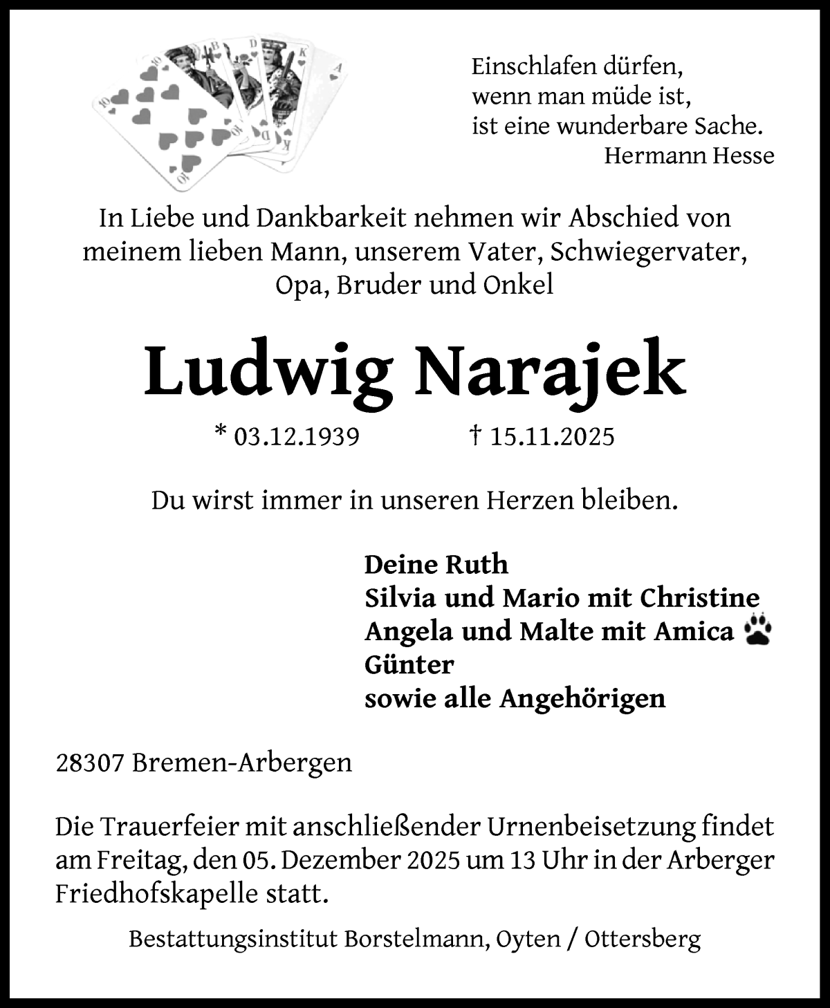 Traueranzeige von Ludwig Narajek von WESER-KURIER