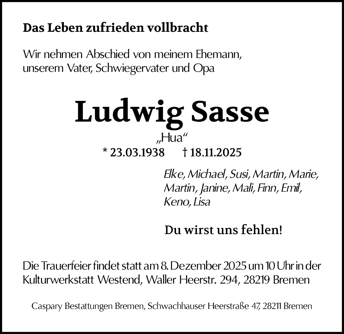 Traueranzeige von Ludwig Sasse von WESER-KURIER
