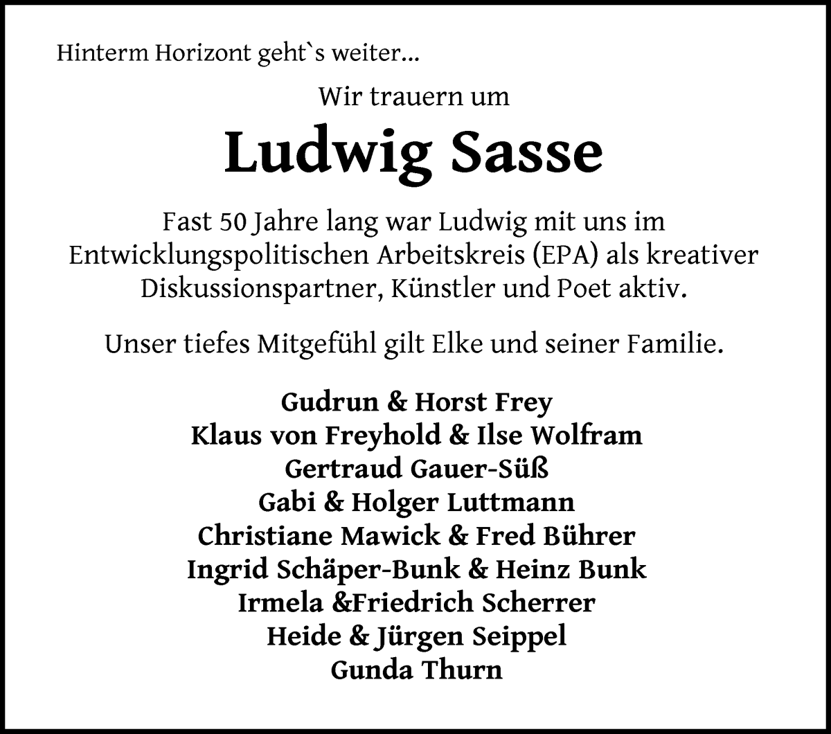 Traueranzeige von Ludwig Sasse von WESER-KURIER