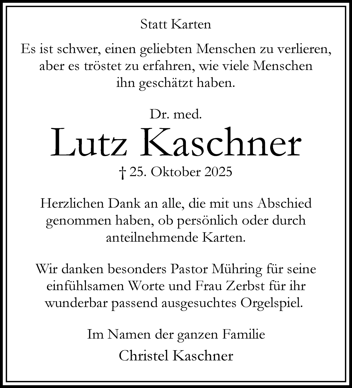 Traueranzeige von Lutz Kaschner von WESER-KURIER