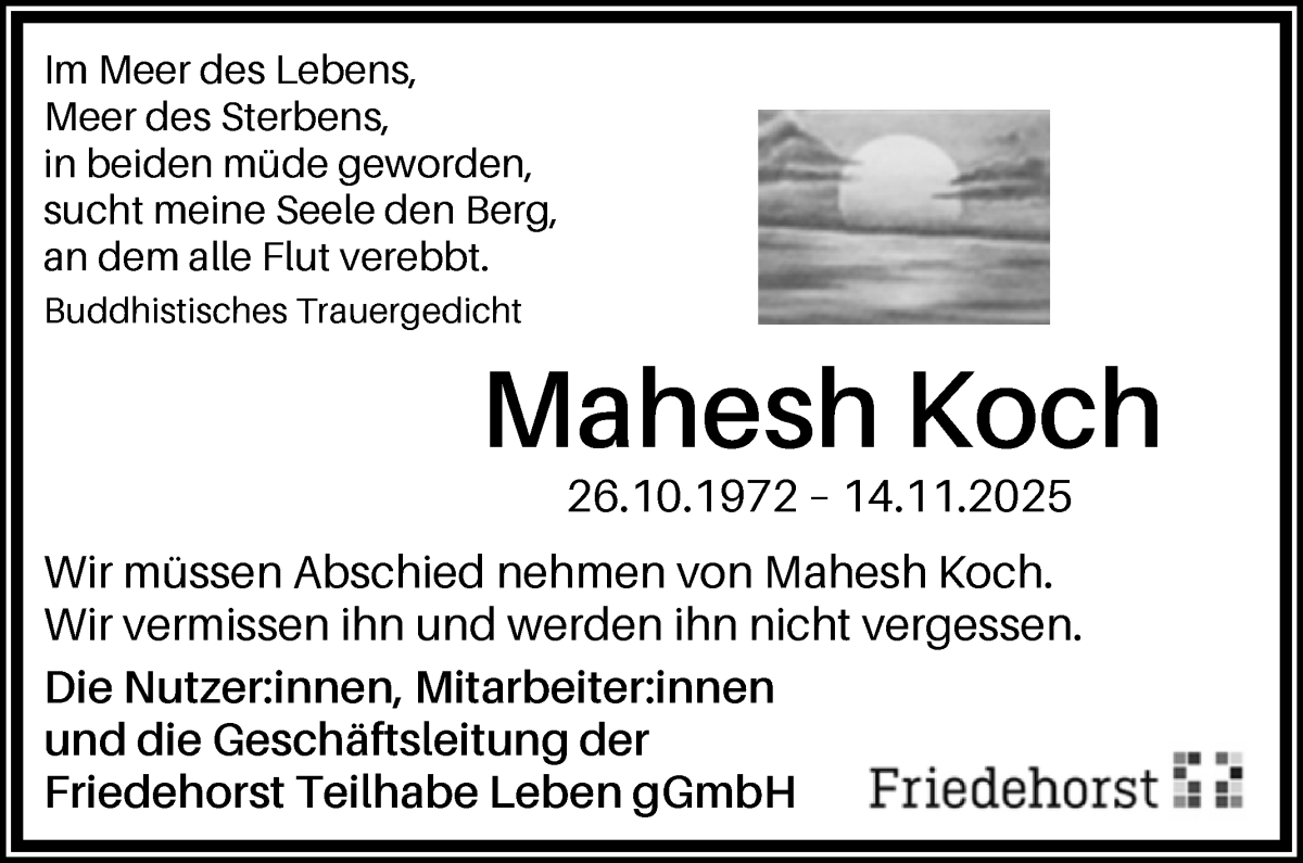 Traueranzeige von Mahesh Koch von WESER-KURIER
