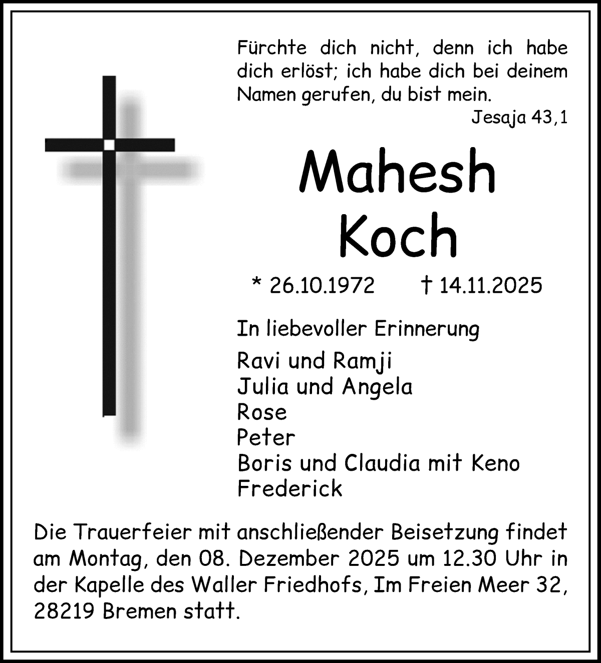 Traueranzeige von Mahesh Koch von WESER-KURIER