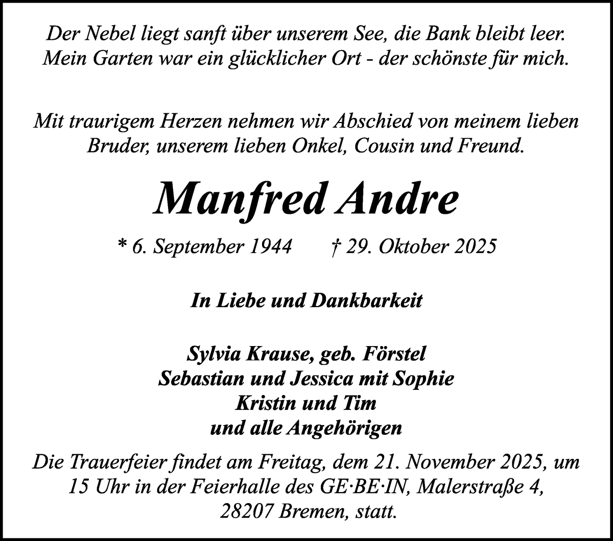 Traueranzeige von Manfred Andre von WESER-KURIER