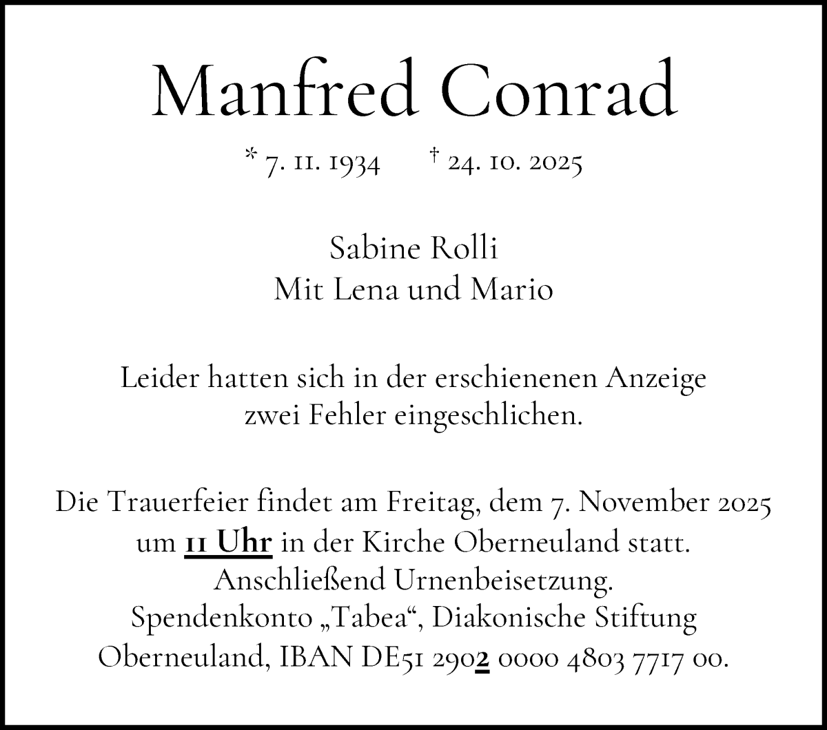  Traueranzeige für Manfred Conrad vom 05.11.2025 aus WESER-KURIER