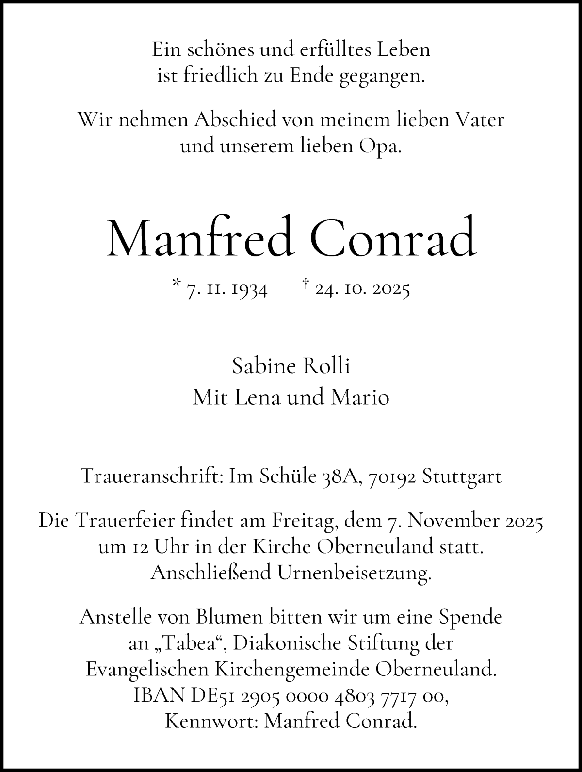  Traueranzeige für Manfred Conrad vom 01.11.2025 aus WESER-KURIER