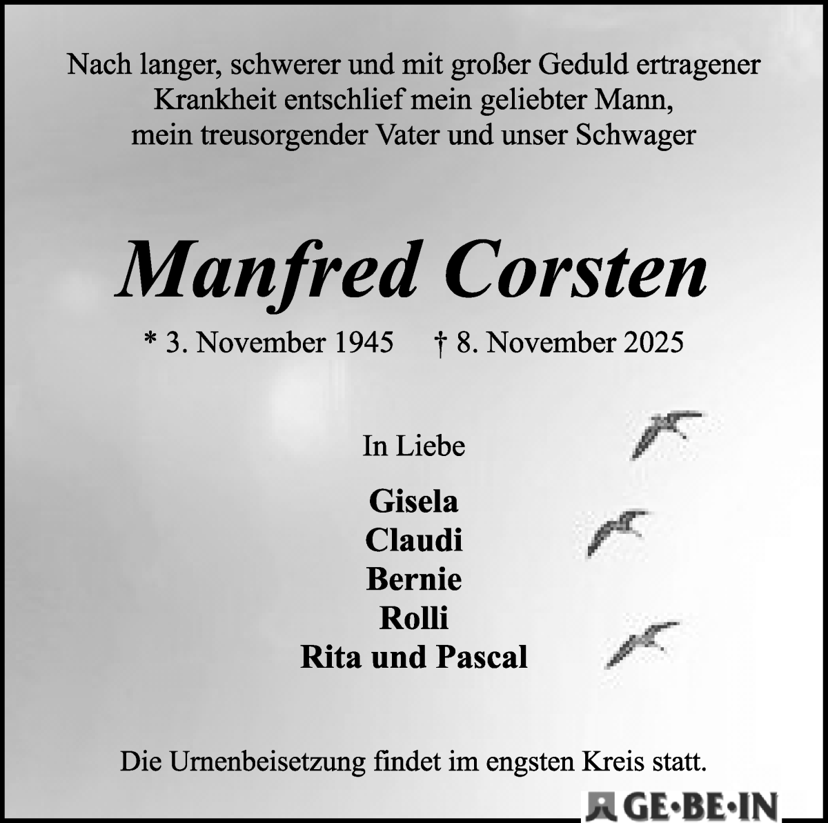  Traueranzeige für Manfred Corsten vom 15.11.2025 aus WESER-KURIER