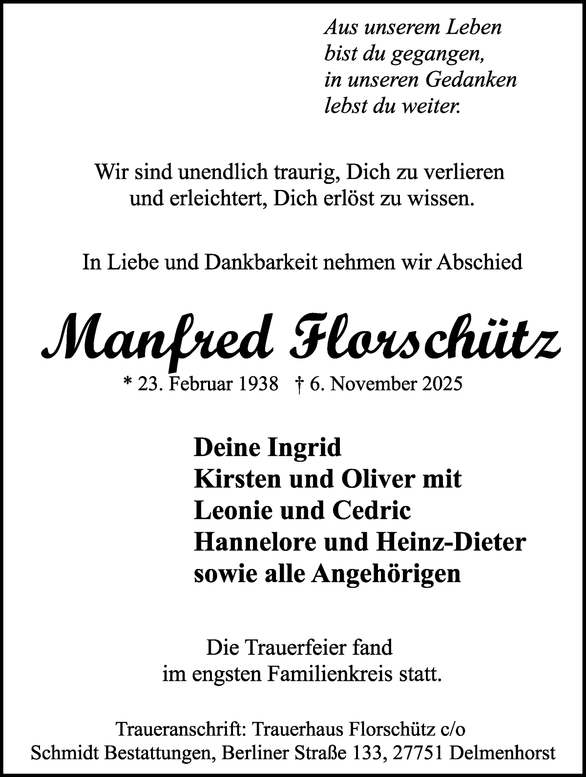 Traueranzeige von Manfred Florschütz von WESER-KURIER