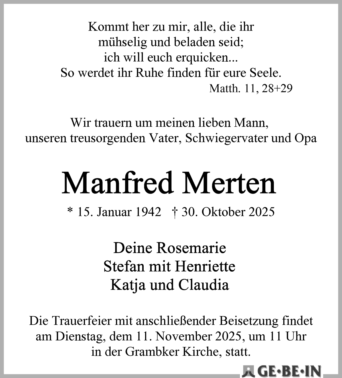 Traueranzeige von Manfred Merten von WESER-KURIER