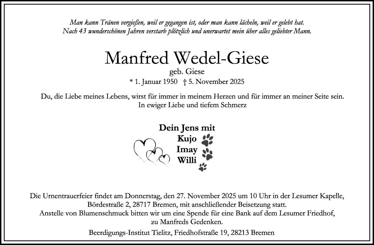 Traueranzeige von Manfred Wedel-Giese von WESER-KURIER