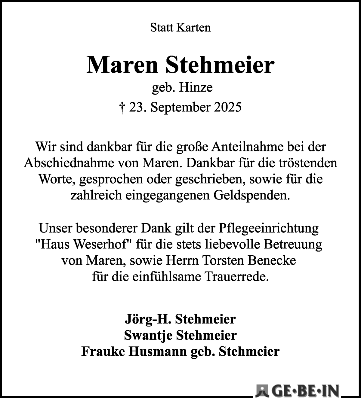 Traueranzeige von Maren Stehmeier von WESER-KURIER